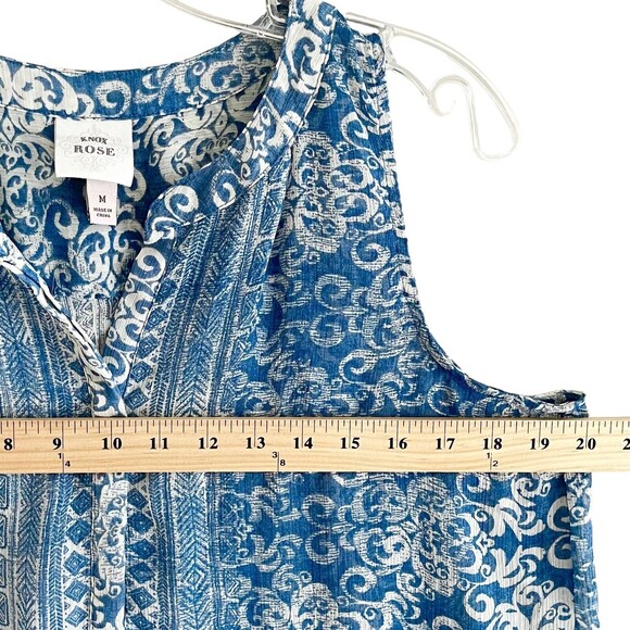 Knox Rose Boho Sheer Tunic Top Size M Popover Long Line High Low Hem Blue Cream - Picture 8 of 13